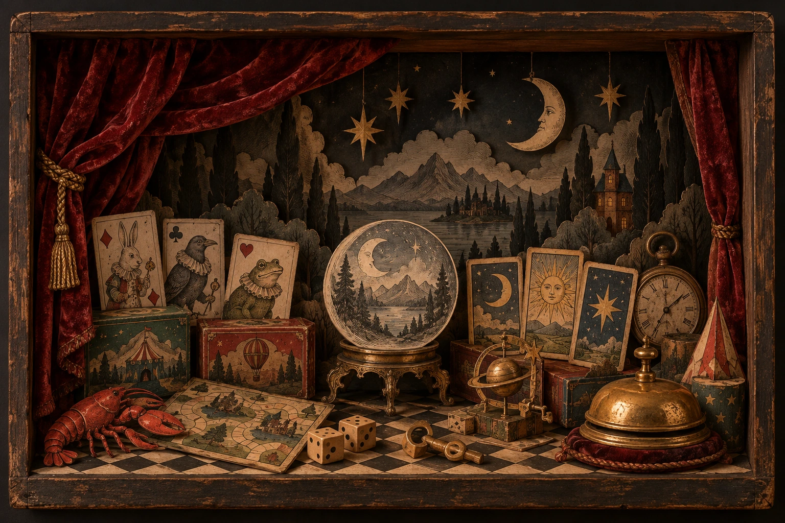 A handmade paper shadow box framed by red velvet curtains. Layered cards, a crystal ball, games, a tiny lobster, and a brass service bell await discovery.